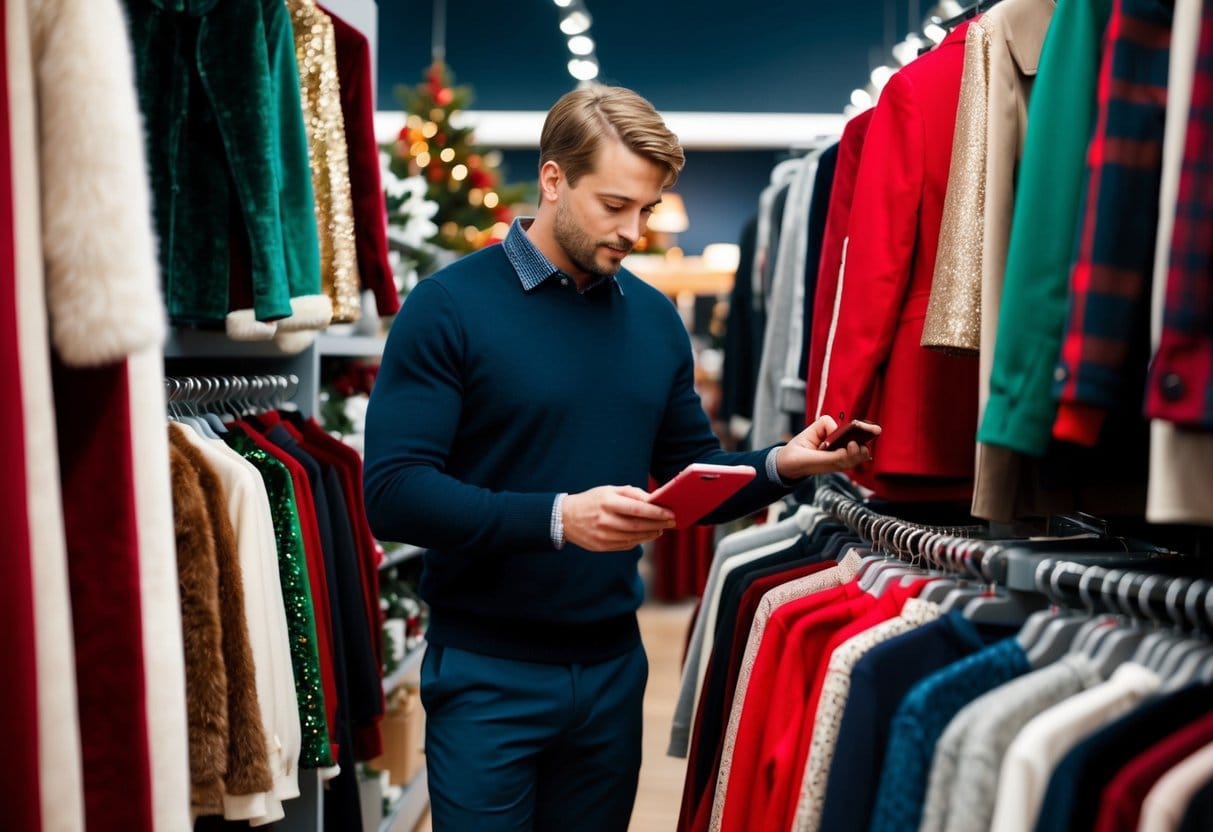 En mand der kigger i en afdeling for festtøj i en svensk butik og undersøger forskellige muligheder for julepåklædning